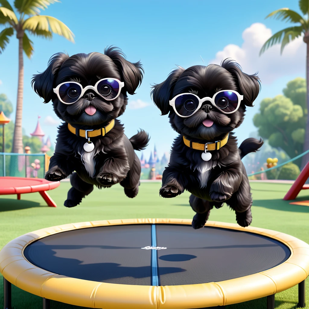 2 Adorable small black Shih Tzu puppies wearing bright sunglasses jumping on trampoline Disney background 3d cartoon 3d render disney pixar style