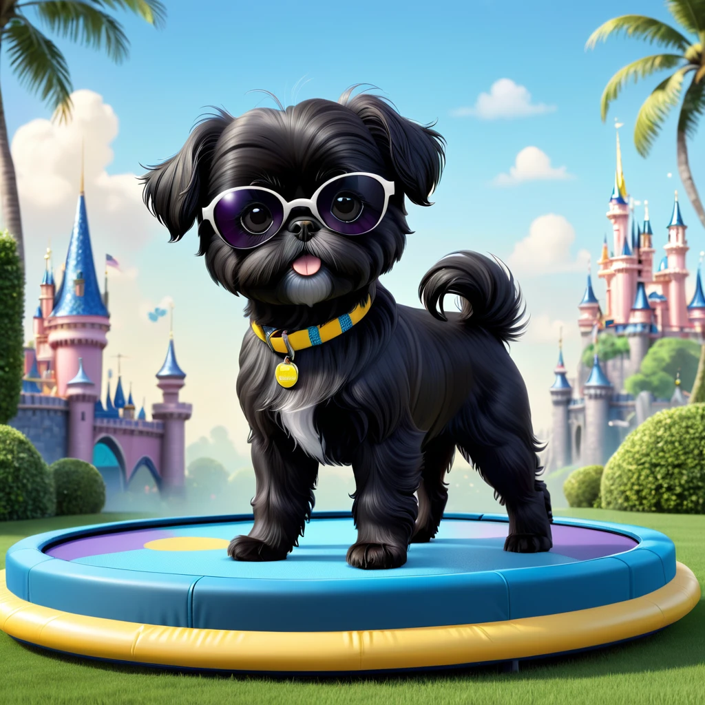 2 Adorable small black Shih Tzu puppies wearing sunglasses trampoline Disney background 3d cartoon 3d render disney pixar style