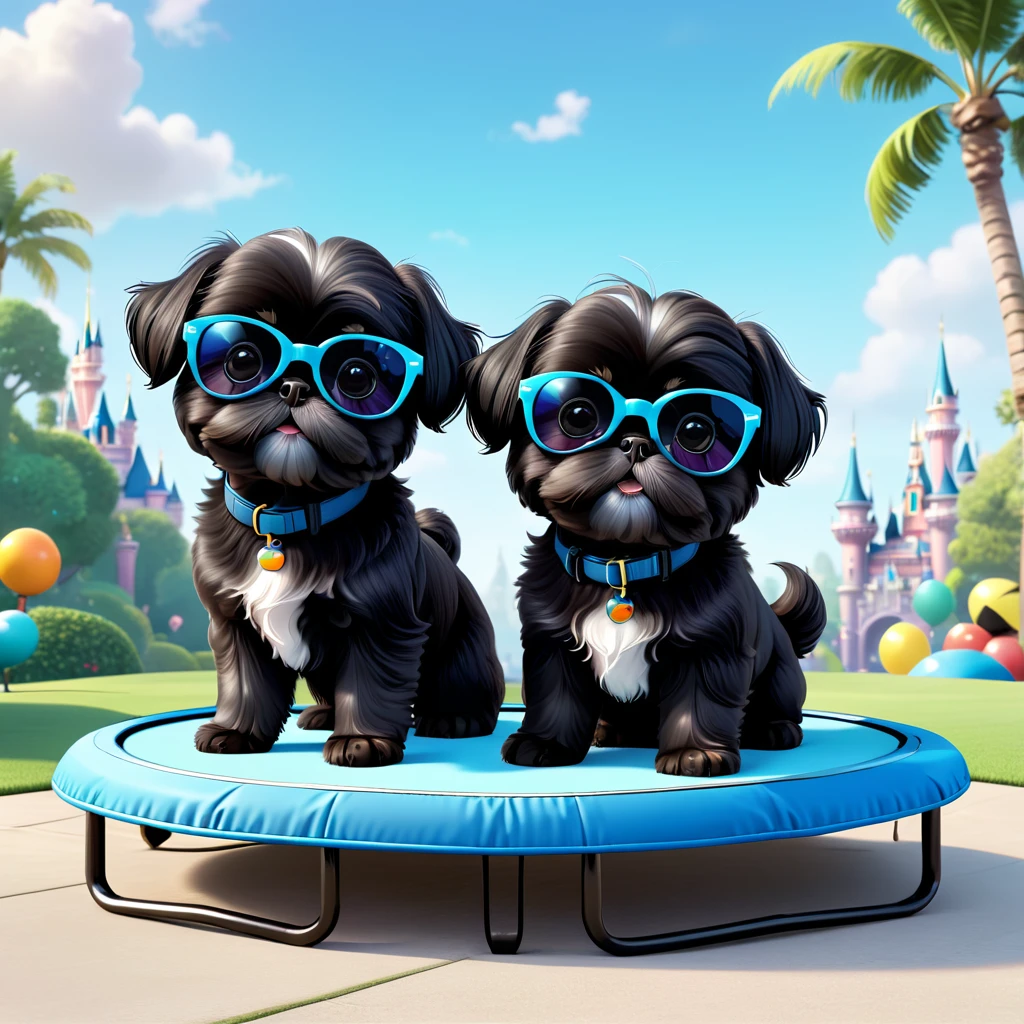 2 Adorable small black Shih Tzu puppies wearing sunglasses trampoline Disney background 3d cartoon 3d render disney pixar style