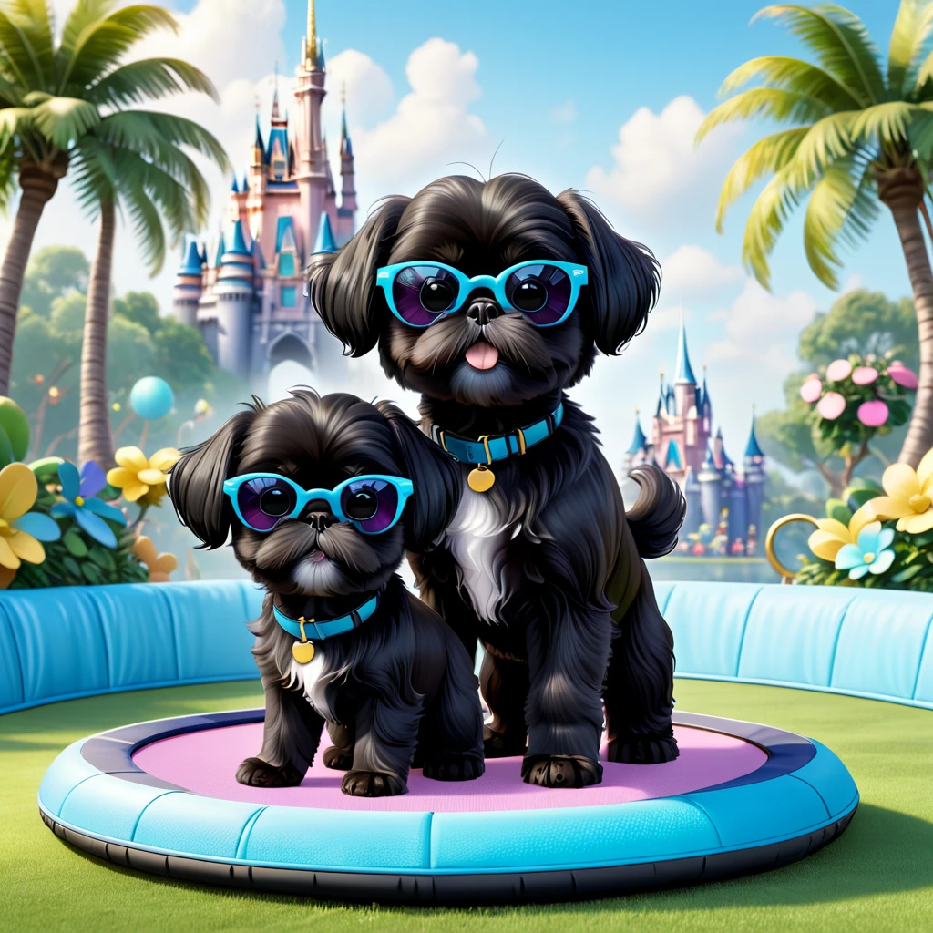 2 Adorable small black Shih Tzu puppies wearing sunglasses trampoline Disney background 3d cartoon 3d render disney pixar style