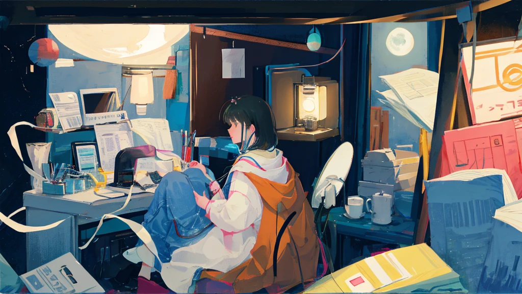 night、Moon and light、healing、lo-fi、Tranquility、Cassette tape recorder、Steaming coffee、Woman listening to music at desk