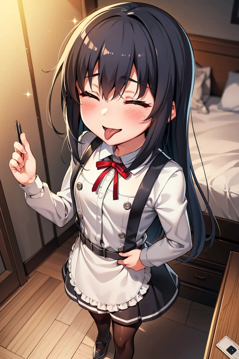 asashiokainiKC, Long Hair, shirt, Knee socks, Long sleeve, ribbon, , neck ribbon, Apron dress, (Small breasts:1.2), (Small body:1.2), (Low length:1.2), One , alone,
break 
(SFW:1.3), (whole body), (Bust up shot:1.2), (Face Focus:1.1)
break
0pen,  (Sticking out tongue), ((Long Tongue)), (Open your mouth) , From above, (Overhead Shot)
break
(;d:1.2), A shy smile, (blush:1.2), (Closed eyes)
Ahegao official art, Masterpiece, Highest quality, Highest Resolution, 8K, Most detailed, Extremely elaborate hands, Highly detailed fingers, Highly detailed mouth, perfect anatomy
break
(indoor, Bedroom), dust, dust, Particles of light, Highly detailed 16K CG wallpaper