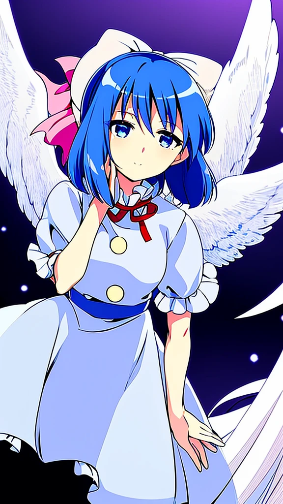 masterpiece, best quality, 1girl, , , , medium blue hair, hair flaps, pink ribbon on head, well-formed face, blue eyes, angel girl, white blouse, puffy short sleeves, red ribbon, angel wings, long white skirt, red shoes, frills, ribbon head