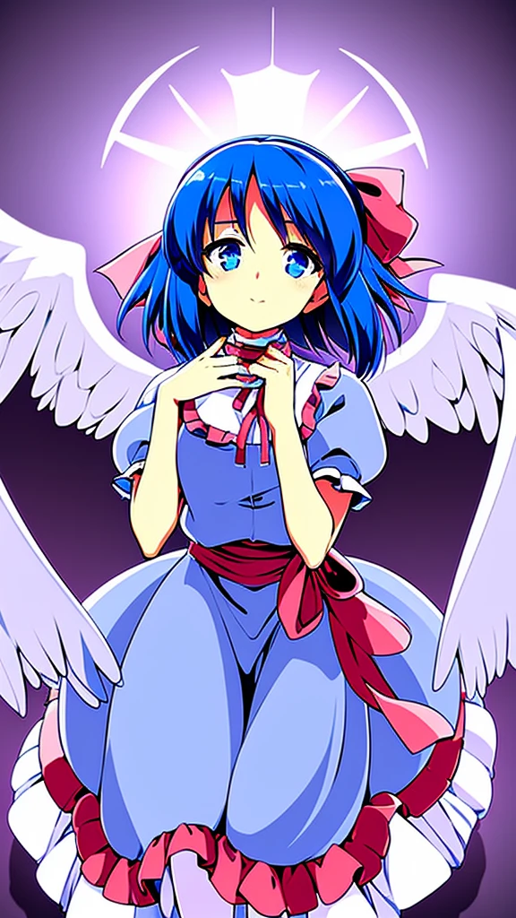 masterpiece, best quality, 1girl, , , 10 years old, medium blue hair, hair flaps, pink ribbon on head, well-formed face, blue eyes, angel girl, white blouse, puffy short sleeves, red ribbon, angel wings, long white skirt, red shoes, frills, ribbon head