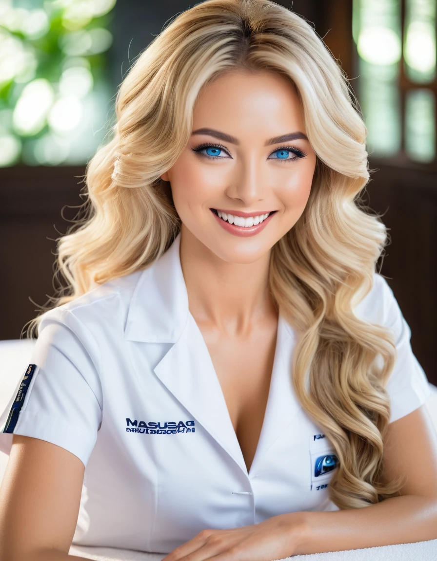 1 woman, oriental movies, masseur, (25 years old), captivating blue eyes, smokey eye makeup, long wavy blonde hair, bright smile, white uniform, professional spa attire, massage one's hands skillfully, Eyes focused on work, spa settings, essential oil, comfortable atmosphere, Close up shot of hands working on shoulder, Serene indoor spa environment, soft ambient lighting, high quality, natural material, wooden massage table, quiet, Wide angle shot showing a peaceful spa room, calm sound of water, soft sunlight coming through the window, realistic, Calm atmosphere, hotel room,