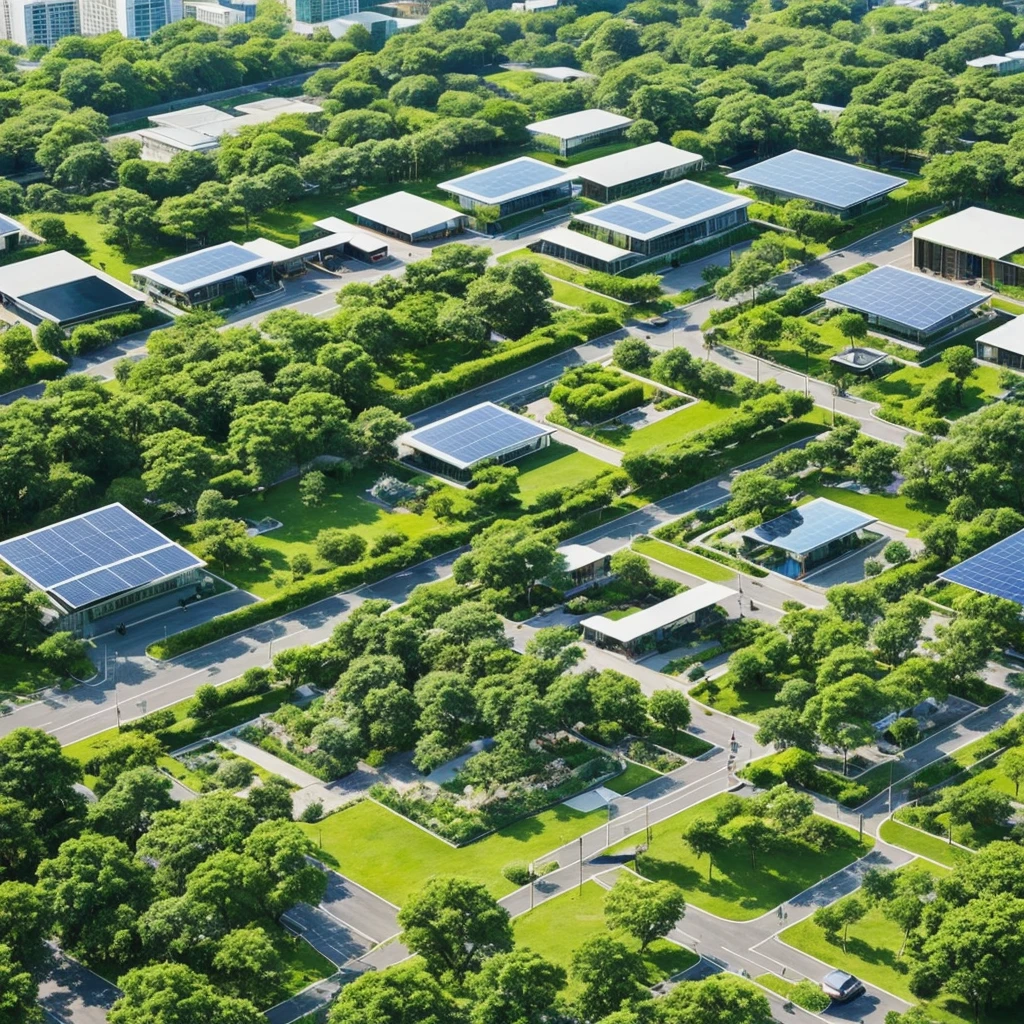 Create an image of a serene city landscape that embodies a capitalistic green utopia. The city should feature advanced, eco-friendly architecture and lush greenery integrated throughout. Include clear, blue skies and vibrant, colorful birds peacefully coexisting within the scene. Capture the tranquility and harmony of this utopian city, with elements such as solar panels, clean energy sources, parks, and community gardens seamlessly woven into the urban environment.