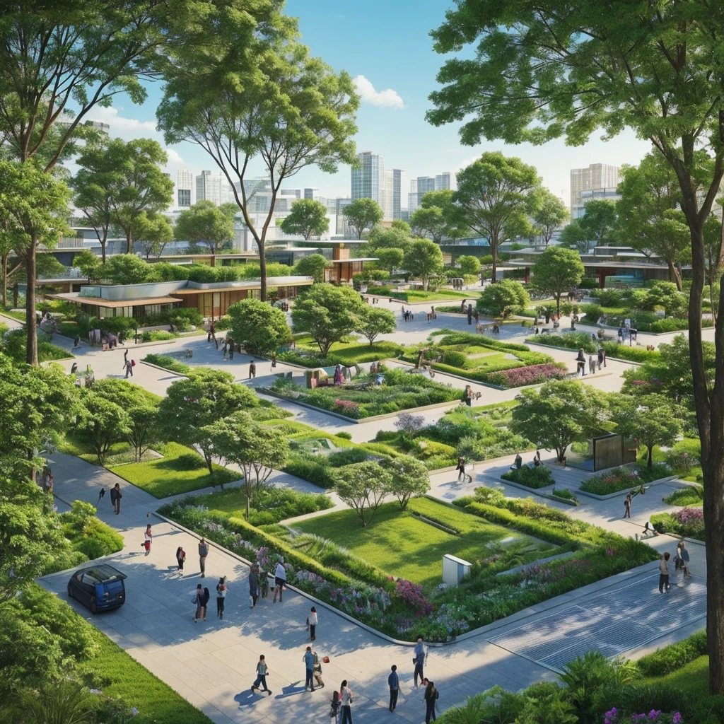 Create an image of a serene city landscape that embodies a capitalistic green utopia. The city should feature advanced, eco-friendly architecture and lush greenery integrated throughout. Include clear, blue skies and vibrant, colorful birds peacefully coexisting within the scene. Capture the tranquility and harmony of this utopian city, with elements such as solar panels, clean energy sources, parks, and community gardens seamlessly woven into the urban environment.