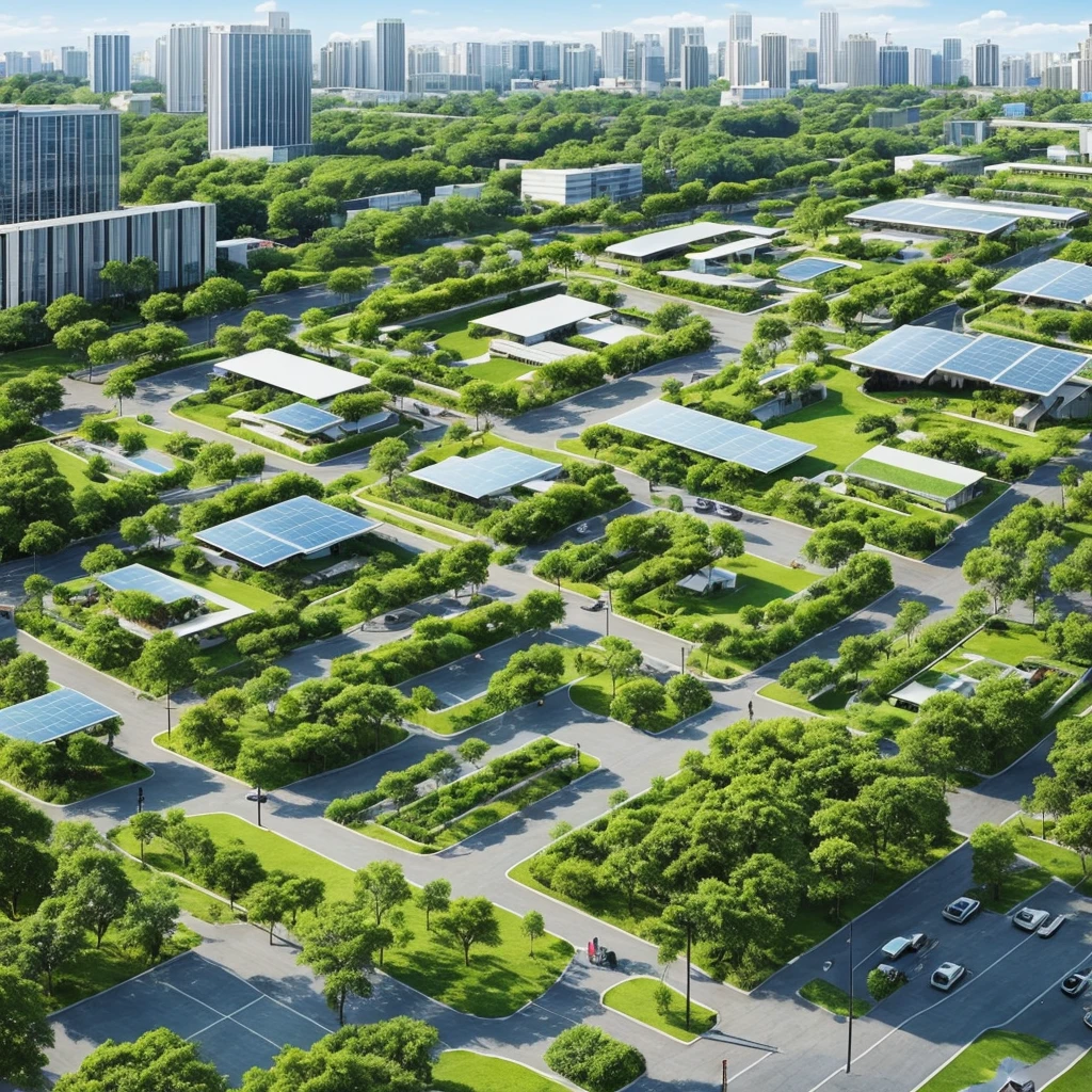 Create an image of a serene city landscape that embodies a capitalistic green utopia. The city should feature advanced, eco-friendly architecture and lush greenery integrated throughout. Include clear, blue skies and vibrant, colorful birds peacefully coexisting within the scene. Capture the tranquility and harmony of this utopian city, with elements such as solar panels, clean energy sources, parks, and community gardens seamlessly woven into the urban environment.