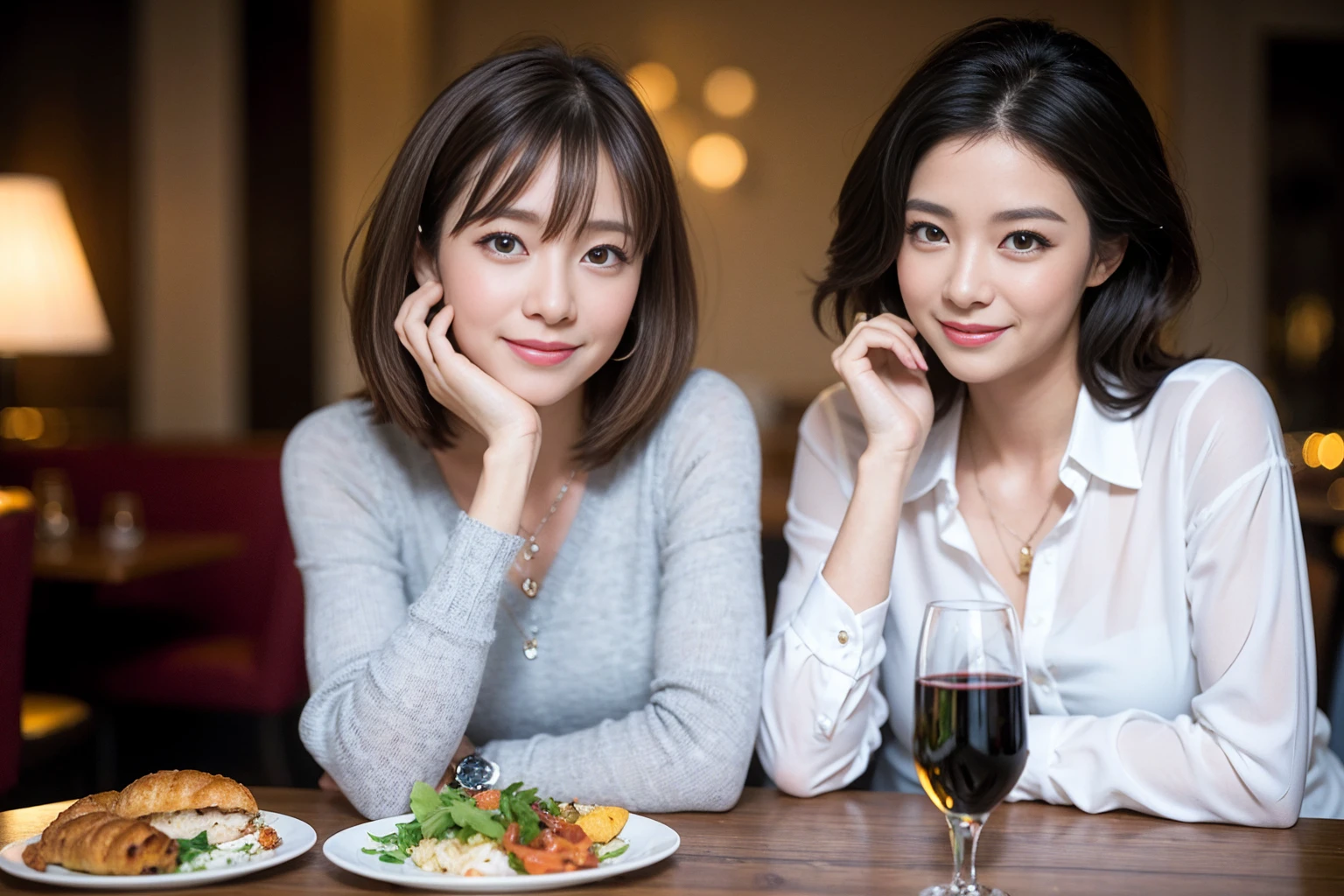 ((Highest quality、8K、masterpiece:1.3))、Mayu Hotta、slimカップル、modelカップル、(Realistic, Intricate details:1.2), full-course dinner、Wine Party、Amazing view of the sunset sky and clouds、A bright smile、The wonderfulness of smile、Bright image、The beauty of wine, Beautiful Face, blue eyes, The light shines on your face, Blushing, short hair,Bright Face、 (Age 42), 39 years old, red wine 、Appetizers、Italian food、Wine bottle、Champagne、sparkling wine、Two beauties、Brown Hair、Shortcuts、Long sleeve shirt、dress、Beautiful woman 1, (slimな顔), (The body is slim), (Brown Hair), (Shortcuts), cheeks turn a little red,Attractive beauty、restaurant, In a prominent place (From the waist up) Nova Frog Style, actress, model, Upper Body, White wine, slim, wine glass, 中央に置かれたwine glass, smile, (smile: 1.15), Beautiful fine grain, Depth f/2,saturation, High Contrast, Strong light and shadow,Moist Body:1.5、3D texture、Delicate eyes、Brown Hair、The hair is very shiny、