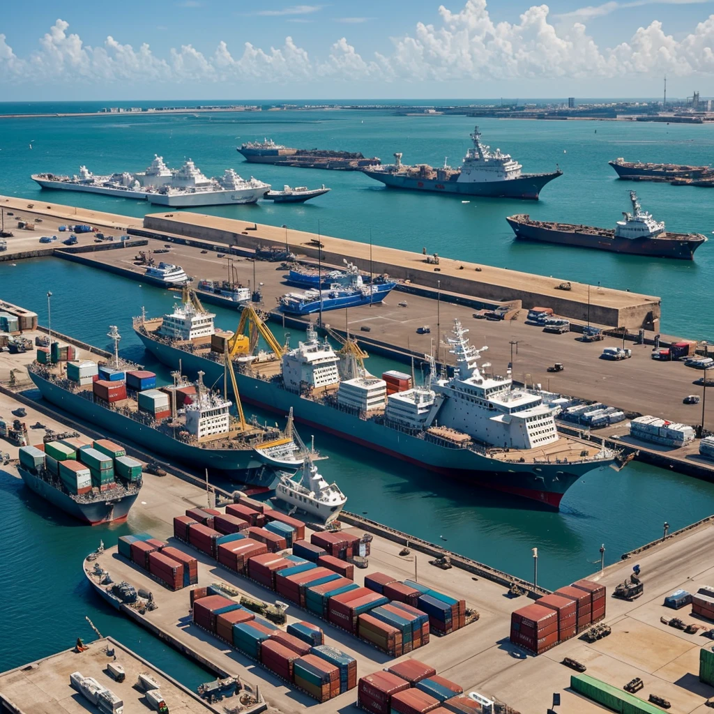 **Concept: Port of Veracruz in 1846**
1. **Prosperous Harbor**:
- A bustling port with a multitude of ships, including large, advanced military vessels and merchant ships.
- Modern docks with cranes and loading equipment.
- Warehouses and storage facilities filled with goods, reflecting strong trade activity.
2. **Advanced Infrastructure**:
- Well-maintained and wide cobblestone streets leading from the port into the city.
- Newly constructed buildings with European architectural influences, indicating wealth and stability.
- Visible signs of modern technology of the era, like steam engines and railways leading to the port.
3. **Military Presence**:
- Fortified structures with well-dressed, disciplined soldiers patrolling, showcasing military strength.
- A naval fleet docked at the port, with soldiers and sailors in uniform, some conducting drills or loading supplies.
4. **Economic Vibrancy**:
- Markets near the port teeming with vendors selling diverse goods from all over the world.
- Well-dressed civilians, merchants, and traders engaging in commerce.
- Signs of foreign delegations and traders, indicating international trade relations.
5. **Natural Setting**:
- The blue waters of the Gulf of Mexico with a clear sky and a few seagulls.
- Lush tropical vegetation surrounding the city, with palm trees and colorful flora.
This scenario would depict Veracruz as a thriving hub of commerce and military power, reflecting Mexico's significant advancements and stability.