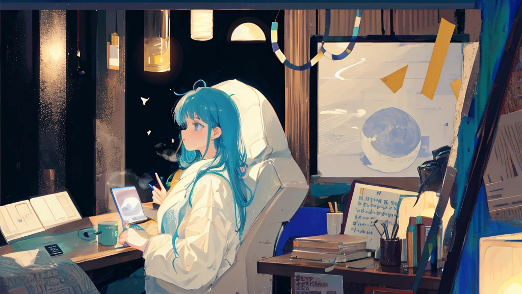 night、Moon and light、healing、lo-fi、Tranquility、Cassette tape recorder、Steaming coffee、Woman listening to music at desk