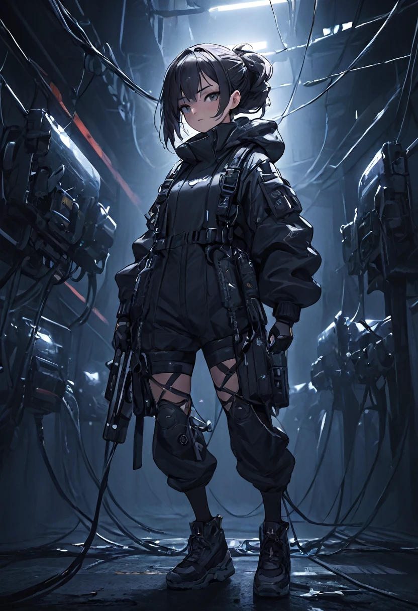 Techwear, girl, cyberpunk, dark background , ready to fight , fight pose , surronded by many broken machine , she entagle by cable and wire