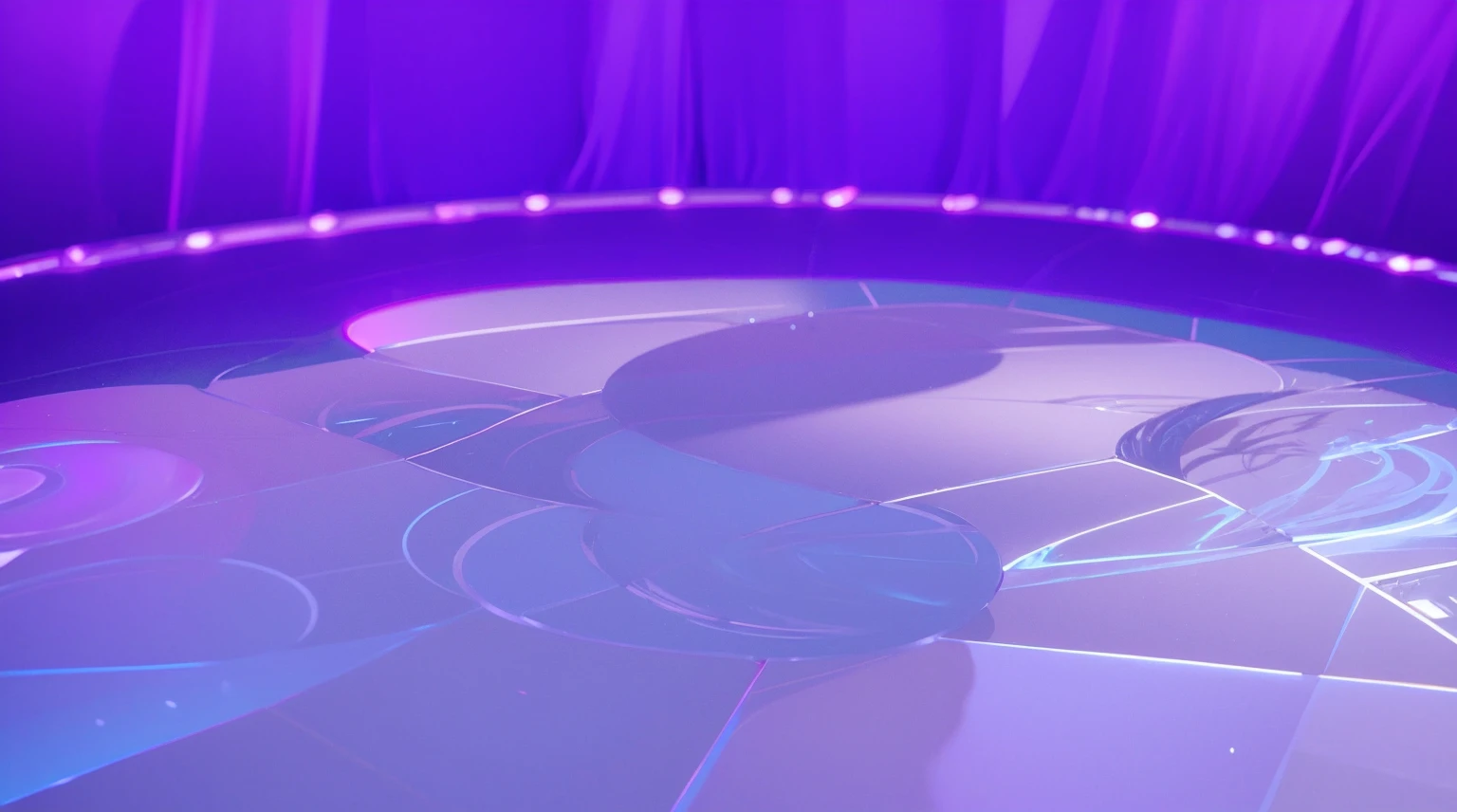 This image showcases a circular stage with a vibrant purple and blue gradient background. The stage floor is designed with radiating segments that create a pattern emanating from a central point. The edges of the stage are illuminated with soft, glowing lights, adding to the overall ethereal and dramatic atmosphere. The combination of colors and lighting effects creates a visually striking and dynamic scene, suitable for performances or events that require a captivating and immersive setting