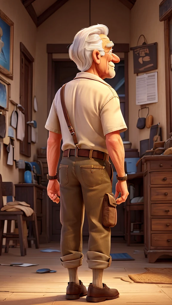An old man entering a room in office from office lobby image from his back,  His hair, silver and wispy, floats gently in the breeze, contrasting with the weathered lines etched deeply into his face, each wrinkle telling a story of decades gone by. His eyes, a piercing blue, sparkle with a mixture of wisdom and mischief, hinting at a life well-lived.

He wears a faded t-shirt, its original color long lost to countless washes. The fabric, soft and threadbare, clings to his thin frame, emblazoned with a vintage logo of a long-forgotten rock band. Over his t-shirt, he sports a pair of well-worn trousers, their khaki color now a patchwork of light and dark from years of use and repair. A brown leather belt, cracked but sturdy, cinches his waist, completing his casual ensemble.

His hands, calloused and strong, peek out from under his shirt sleeves, fingers stained with remnants of ink and oil, perhaps from a lifetime spent as a mechanic or an artist. He carries a cane, not out of necessity but more as a companion, its wooden handle polished smooth from years of contact.

His shoes are practical, sensible walking shoes that have seen many miles, their soles slightly worn but still serviceable. Around his neck hangs a simple chain, disappearing beneath his shirt, hinting at a cherished memento kept close to his heart.

Despite his age, he moves with a certain sprightliness, a lightness in his step that belies the years he has accumulated. He nods and smiles at passersby, a friendly acknowledgment that bridges the gap between generations. There is an air of resilience about him, a quiet strength that suggests he has weathered many storms and emerged stronger for it.


