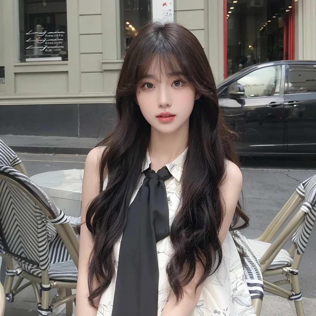 Air bangs long curly hair,Long curly black brown hair,Natural and beautiful hair,The background is simple and clean,uniform hair color