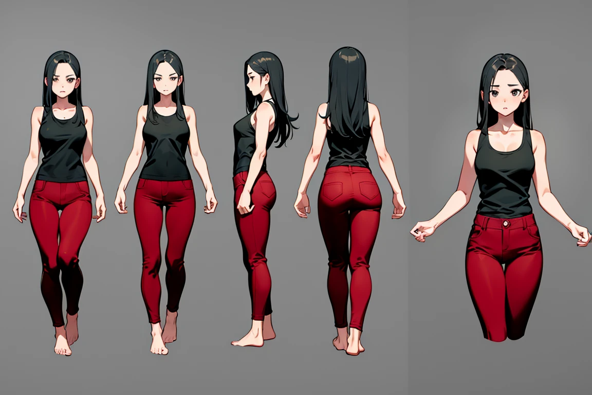 masterpiece, best quality, absurdres, 1girl, mature female, small breast, forehead, white hair, straight hair, long hair, black eyes, empty eyes, black tank top, red pants, bare feet, white background, simple background, model sheet, turnaround