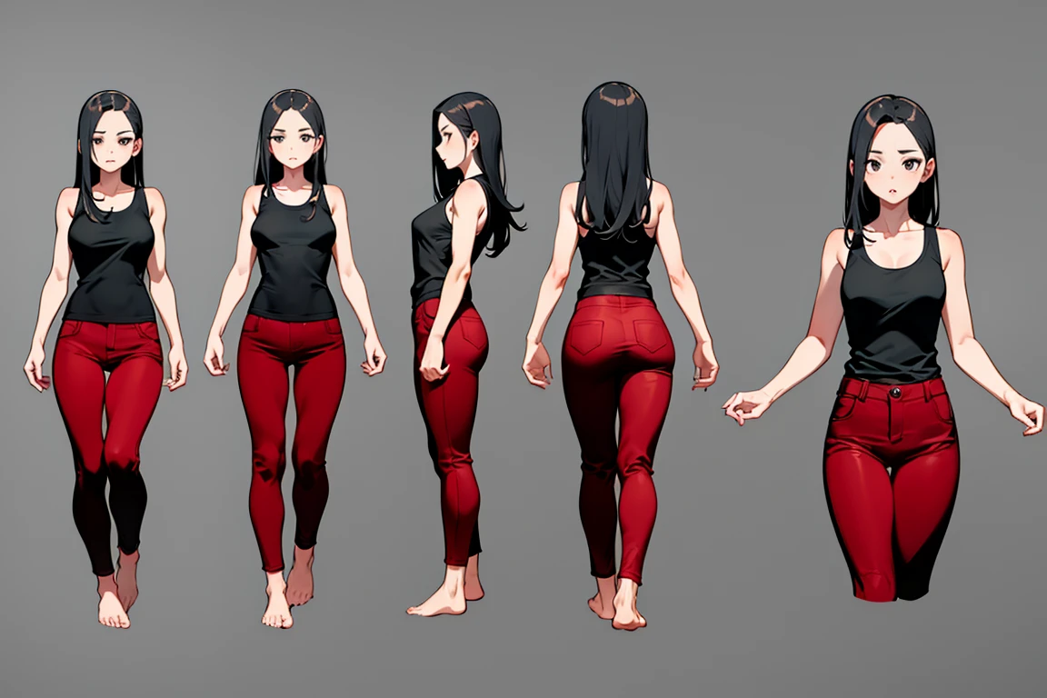 masterpiece, best quality, absurdres, 1girl, mature female, small breast, forehead, white hair, straight hair, long hair, black eyes, empty eyes, black tank top, red pants, bare feet, white background, simple background, model sheet, turnaround