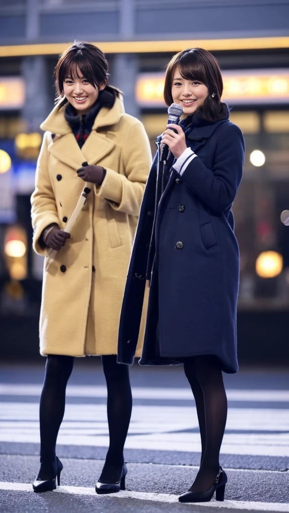 A full-body photo of a cute Japanese weather forecaster wearing a cute closed-front coat,Medium Hair, pumps,A girl broadcasting live with a microphone in both hands,Broadcasting with a microphone outdoors in Tokyo in winter,Wearing black leather gloves,Standing in front of Tokyo Station,wearing pumps and black tights,masterpiece,ultra detail face