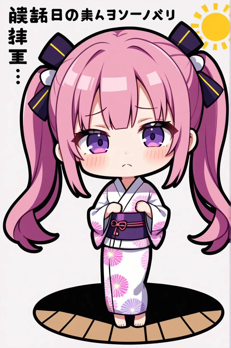 One girl, alone, (chibi 2), Drill Hair, Long Hair, Pink Hair, ,Purple eyes,Has a sad face, Shine, yukata,Summer festival, Twin tails,Simple white background,whole body, 