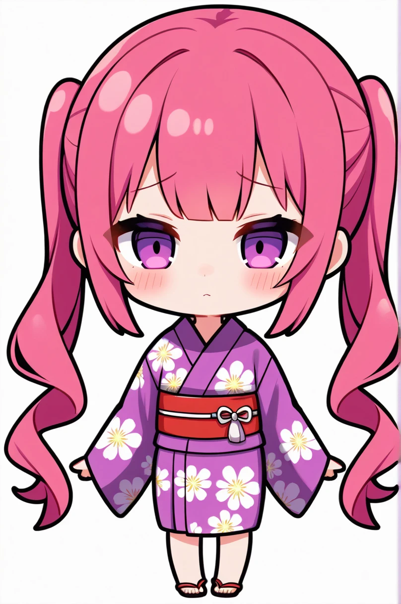 One girl, alone, (chibi 2), Drill Hair, Long Hair, Pink Hair, ,Purple eyes,Has a sad face, Shine, yukata,Summer festival, Twin tails,Simple white background,whole body,