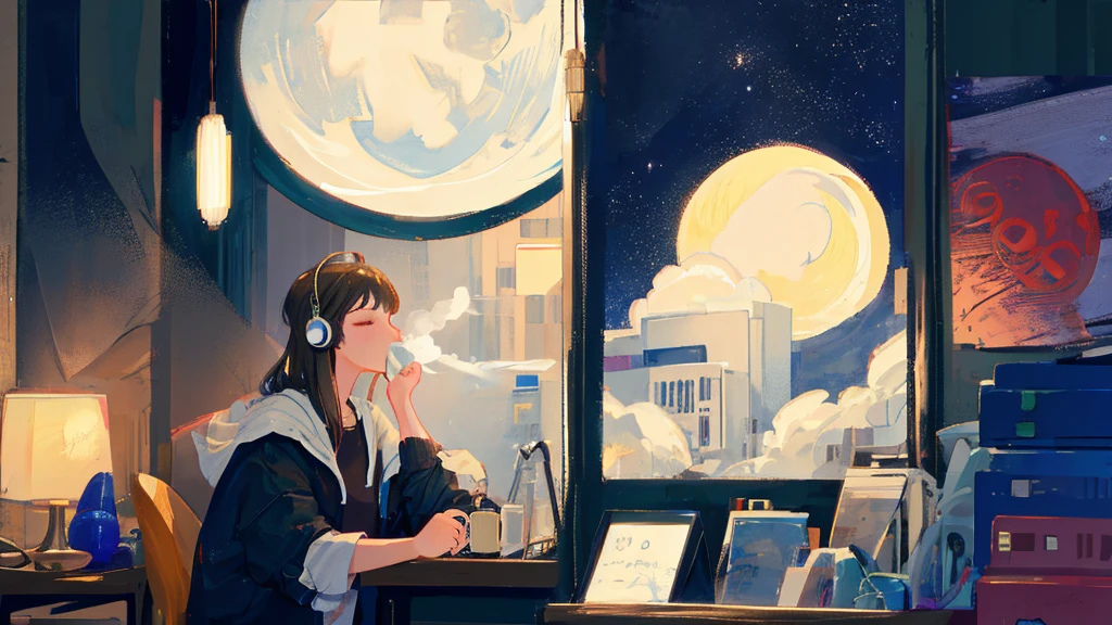 night、Moon and light、healing、lo-fi、Tranquility、Cassette tape recorder、Steaming coffee、Woman listening to music at desk