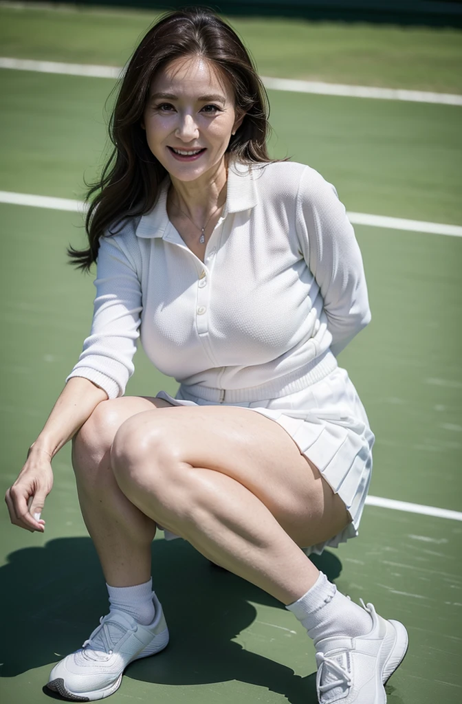 (masterpiece:1.4),(62-year-old woman:1.5),(Facial wrinkles : 1.1), (long hair), (bright smile : 1.2), maternal, Mature Woman, (tennis wear : 1.1), (pleated very-short-skirt : 1.1), (white socks : 1.1), (pale white skin : 1.1), acnes, (plump thighs : 1.2), (upper body is skinny : 1), (beautiful calf : 1), wide hips, bright lighting, sitting, tennis coat, (Focus on the feet:1.3)
