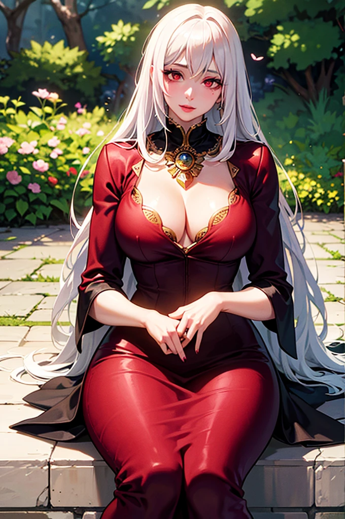 An albino woman with red eyes, extremely long hair, dressed in gold with flowers, pink lips, calm look, He is 40 years old. She is beautiful and sitting in a palace garden. Looks like a magical being