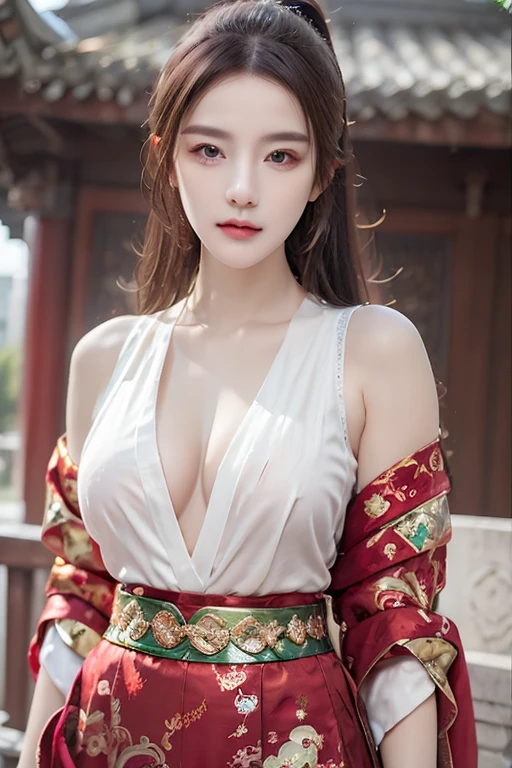 ((You are a beautiful woman.)), Fei Yu_robes, hips up, Bare-chested, Scenery of ancient Chinese houses, Evening, red mouth, High nose, big breasts, red cloth, Gold Embroidery, black embroidered gold, blonde hair, high ponytail, depth of field, สาวสวยกับdetailsที่สวยงาม, European face, ดวงตาและใบหน้าที่Very detailed，robesdetailsมาก, The resolution is incredibly ridiculous.， hugeFilesize， ไฮเปอร์details， High resolution， Very detailed， best quality， Masterpiece, The resolution is incredibly ridiculous., illustration， มีdetailsและสวยงามเป็นพิเศษ，official art, Very detailed， CG， unity， 8k wallpaper， Surprisingly， details， Masterpiece， Highest quality, วอลล์เปเปอร์ CG unity 8k ที่มีdetailsมาก（Perfect shiny skin：0.6）Best shots)), ((Masterpiece)), (details),