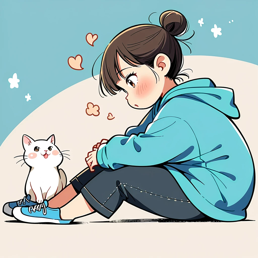 1 Girl, blush, Black Hair, Long sleeve, Brown eyes, shoe, Pants, hood, Hair Bun, from the side, hoodie, contour, animal, black Pants, sit on the floor, single Hair Bun, Chubby cat, hood down, 运动shoe, 粉色shoe类,blue hoodie，Eye contact with the kitten