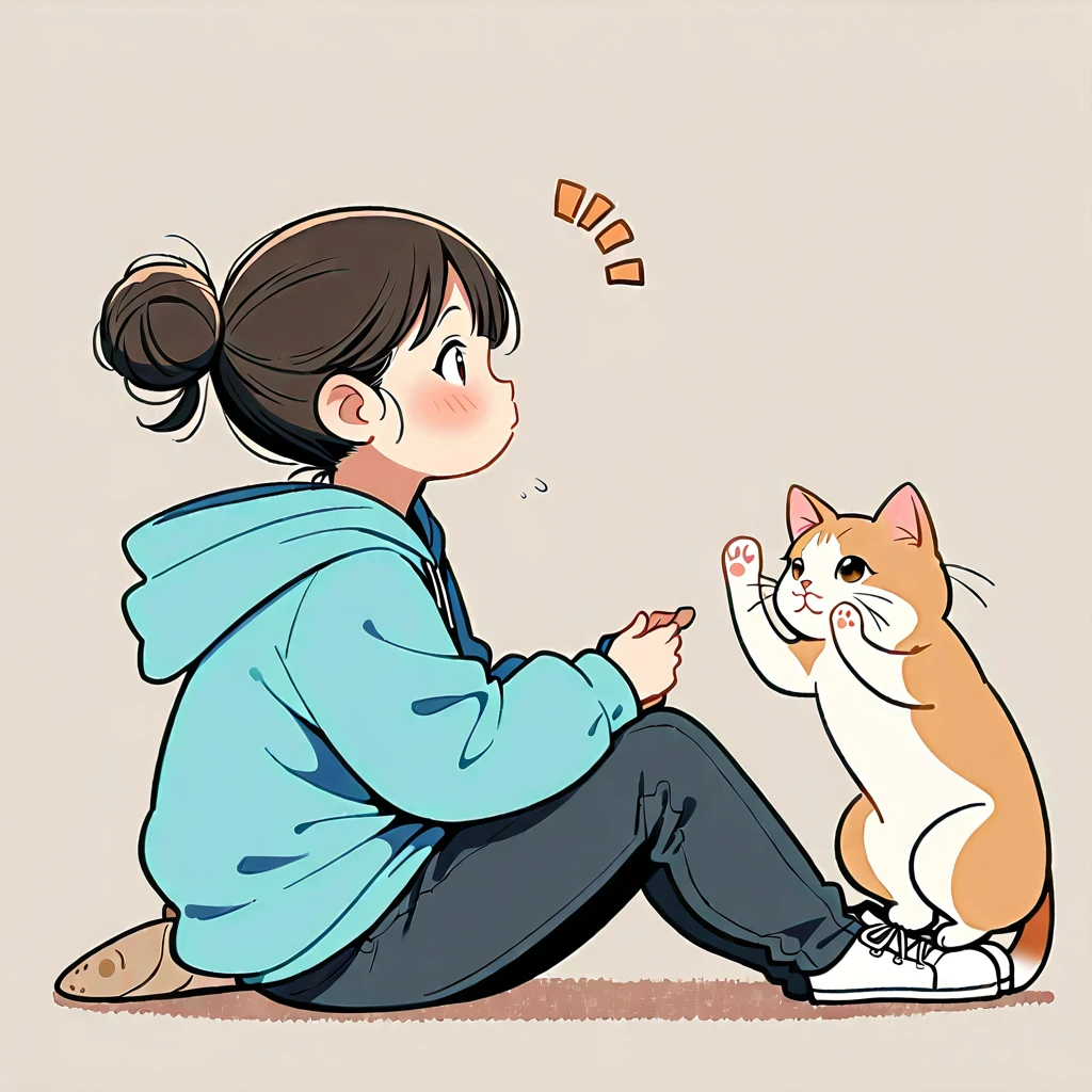 1 Girl, blush, Black Hair, Long sleeve, Brown eyes, shoe, Pants, hood, Hair Bun, from the side, hoodie, contour, animal, black Pants, sit on the floor, single Hair Bun, Chubby cat, hood down, 运动shoe, 粉色shoe类,blue hoodie,Eye contact with the kitten