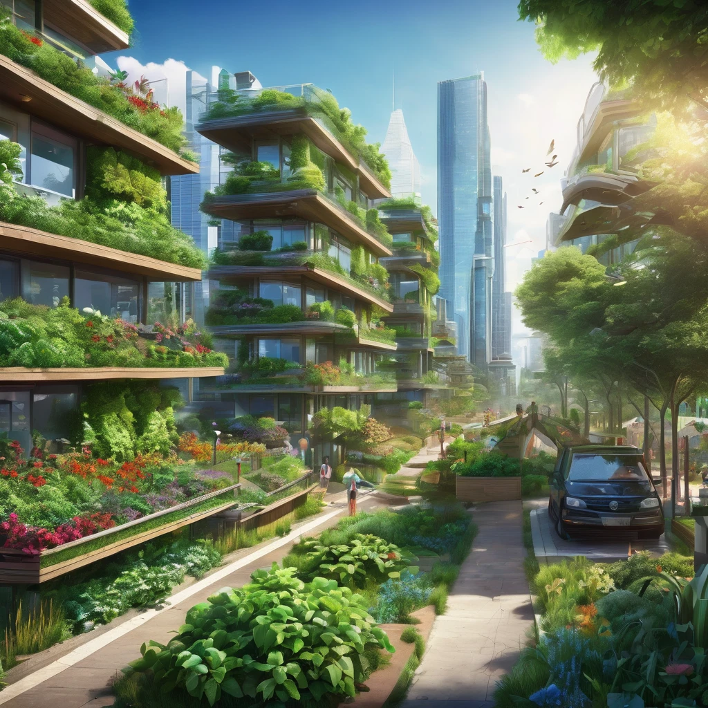 Create an image of a serene city landscape that embodies a capitalistic green utopia. The city should feature advanced, eco-friendly architecture and lush greenery integrated throughout. Include clear, blue skies and vibrant, colorful birds peacefully coexisting within the scene. Capture the tranquility and harmony of this utopian city, with elements such as solar panels, clean energy sources, parks, and community gardens seamlessly woven into the urban environment.