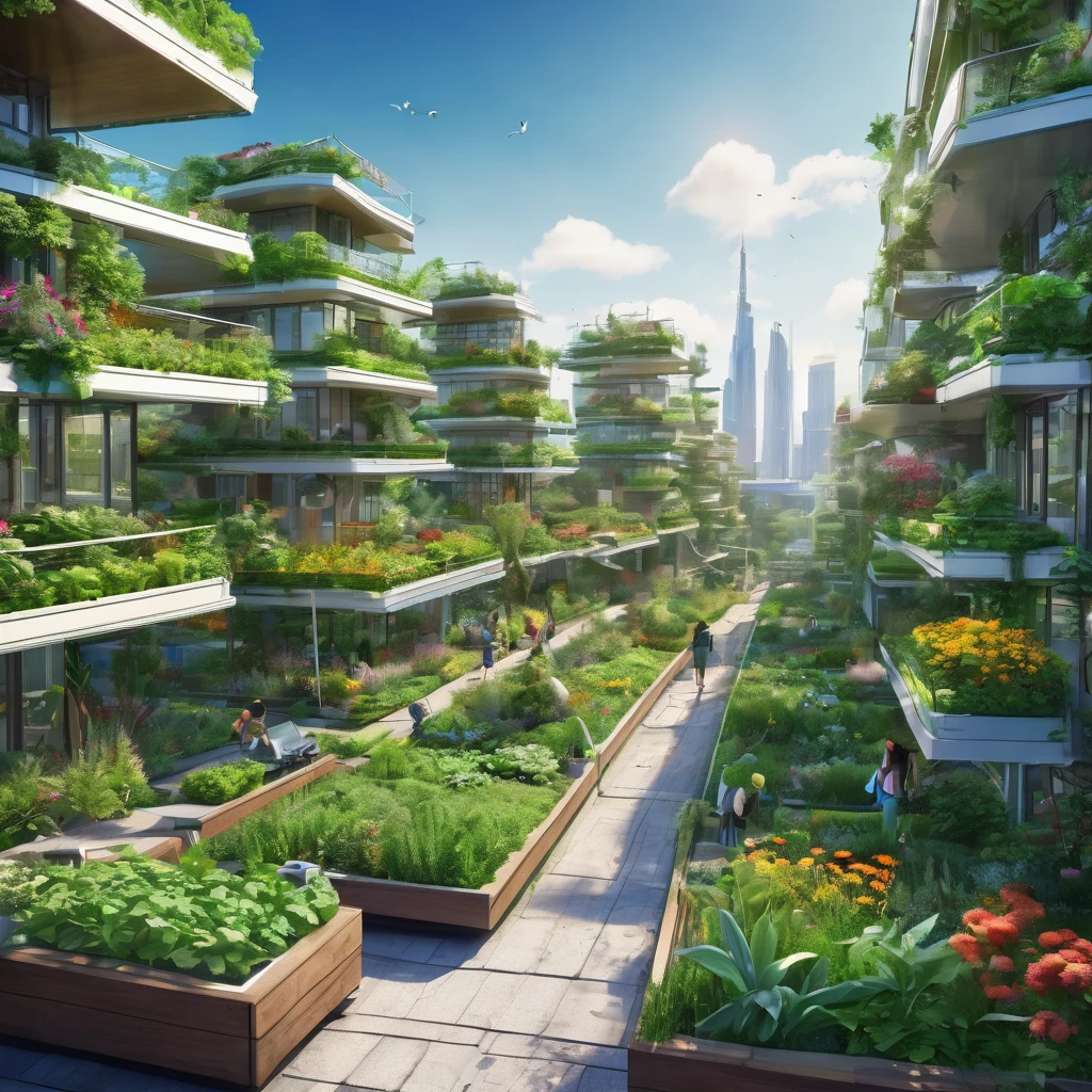 Create an image of a serene city landscape that embodies a capitalistic green utopia. The city should feature advanced, eco-friendly architecture and lush greenery integrated throughout. Include clear, blue skies and vibrant, colorful birds peacefully coexisting within the scene. Capture the tranquility and harmony of this utopian city, with elements such as solar panels, clean energy sources, parks, and community gardens seamlessly woven into the urban environment.