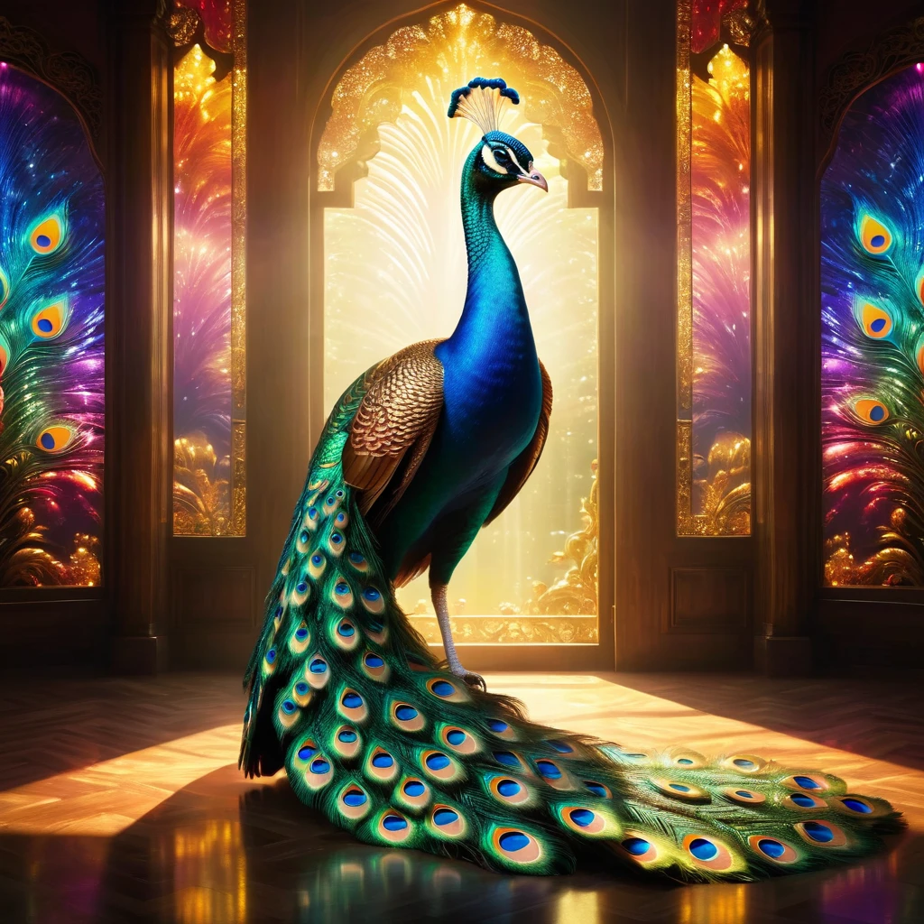 Peacock,Front upright,Peacock开屏,Looking at the audience,fantasy,Colorful tones,masterpiece,Panoramic view:1.2,Three light sources,reflected light