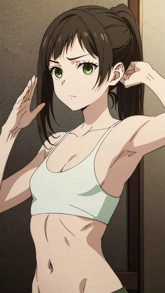 masterpiece, highres, solo, 8k, detailed, perfect face, best quality, (ultra high quality), looking viewers, (armpit), collarbone, bare arm, small breast, cleavage, dark brown hair, bangs, ponytail hair, green eyes, belly, stomach, navel, abs, crop tanktop, slim body, upper body, emotionless, flat face, at forest, hands up