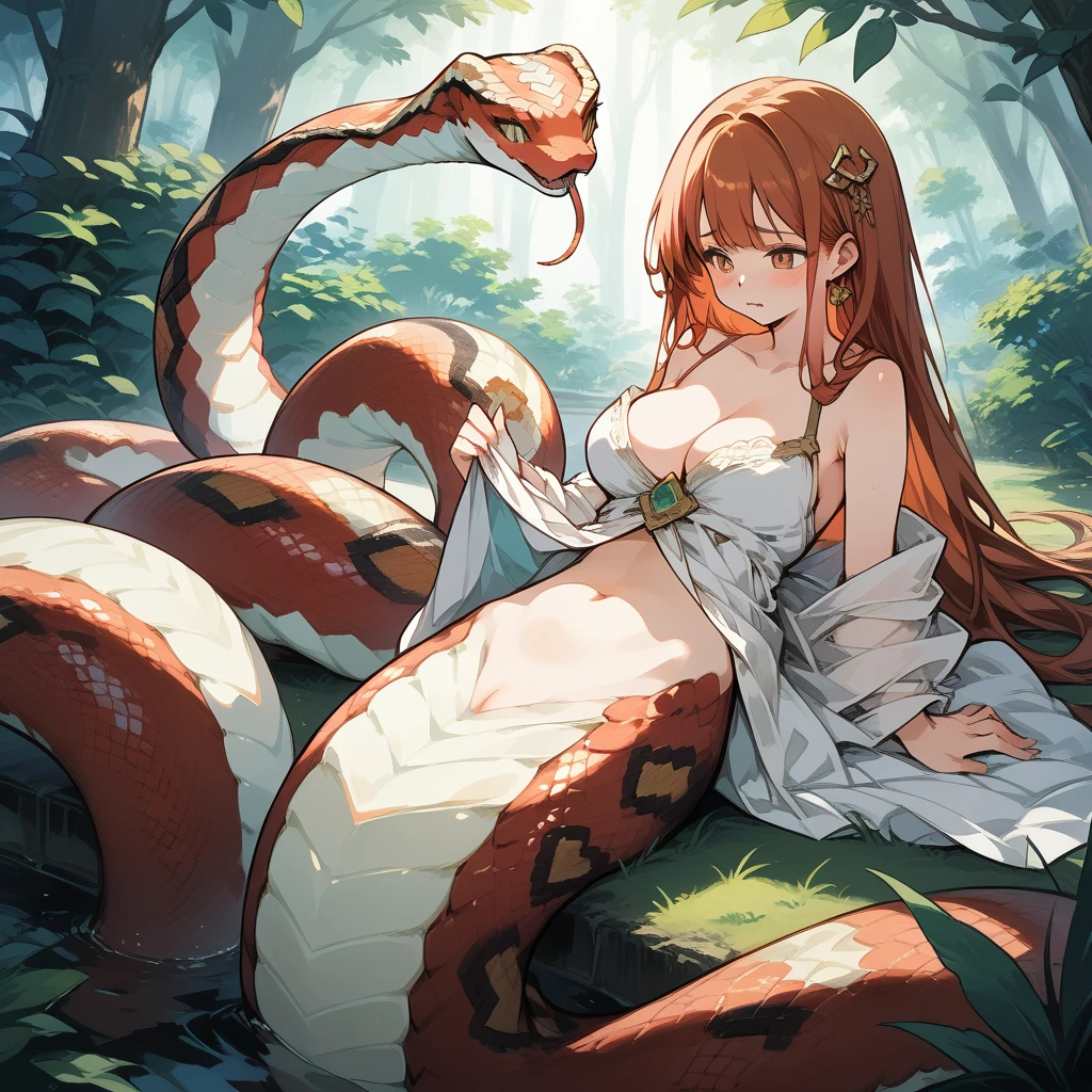 ((Highest quality)), ((masterpiece)), (detailed), （Perfect Face）、The woman is a Tier, with green eyes, blonde medium-long hair, naked, and covered in snakes. She is living in symbiosis with the snakes and is happily kissing them.