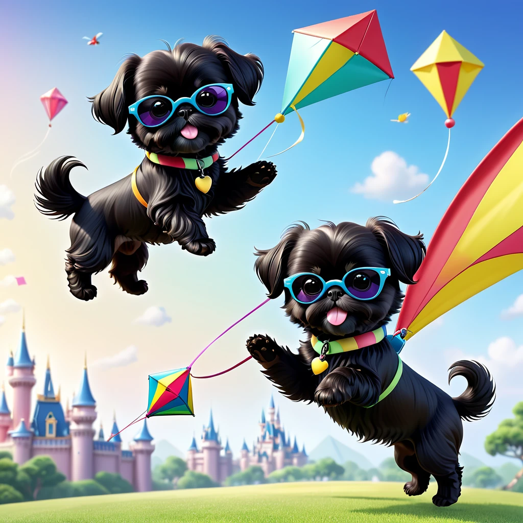 2 Adorable small black Shih Tzu puppies wearing sunglasses flying a kite Disney background 3d cartoon 3d render disney pixar style