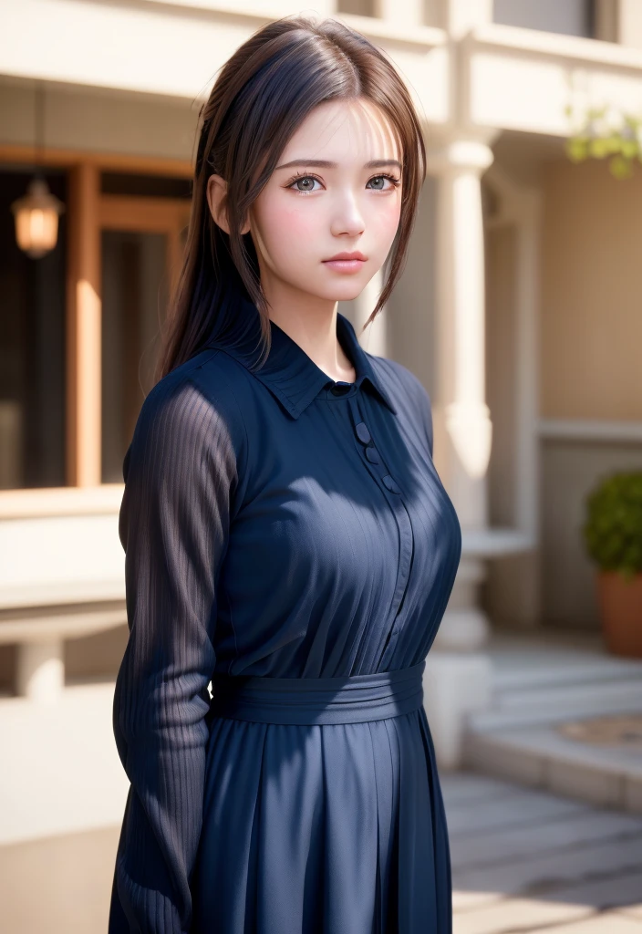 8K, of the highest quality, masutepiece:1.2), (Realistic, Photorealsitic:1.37), of the highest quality, masutepiece, Beautiful young woman, Pensive expression, Thoughtful look, Cute Maid Clothes, Hair tied back, Messy mood, Cinematic background, Tired, Light skin tone