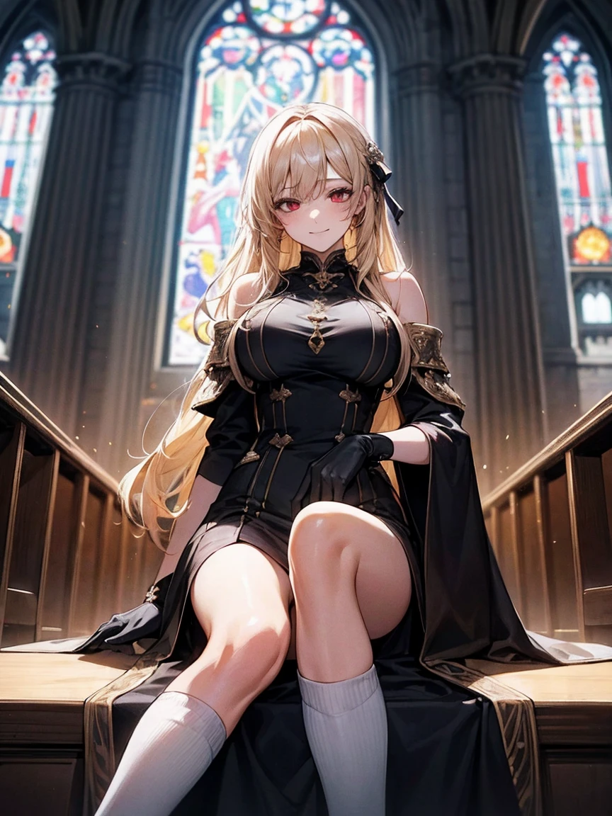 One Girl, Blonde Hair, Red eyes, Big Breasts,, A shy smile, Mature Woman, Church Background, Textured skin, Ultra-high resolution, Ultra-high resolution, Ultra-high resolution, Ultra-high resolution, Awards, Attention to detail, Incredible high key lighting and shadows, masterpiece, Great illustrations,Knee-high socks、Long glovesKnee-high socks、Long gloves、Shoulders are exposed。Knee-high socks、Long socks、Attractive legs
