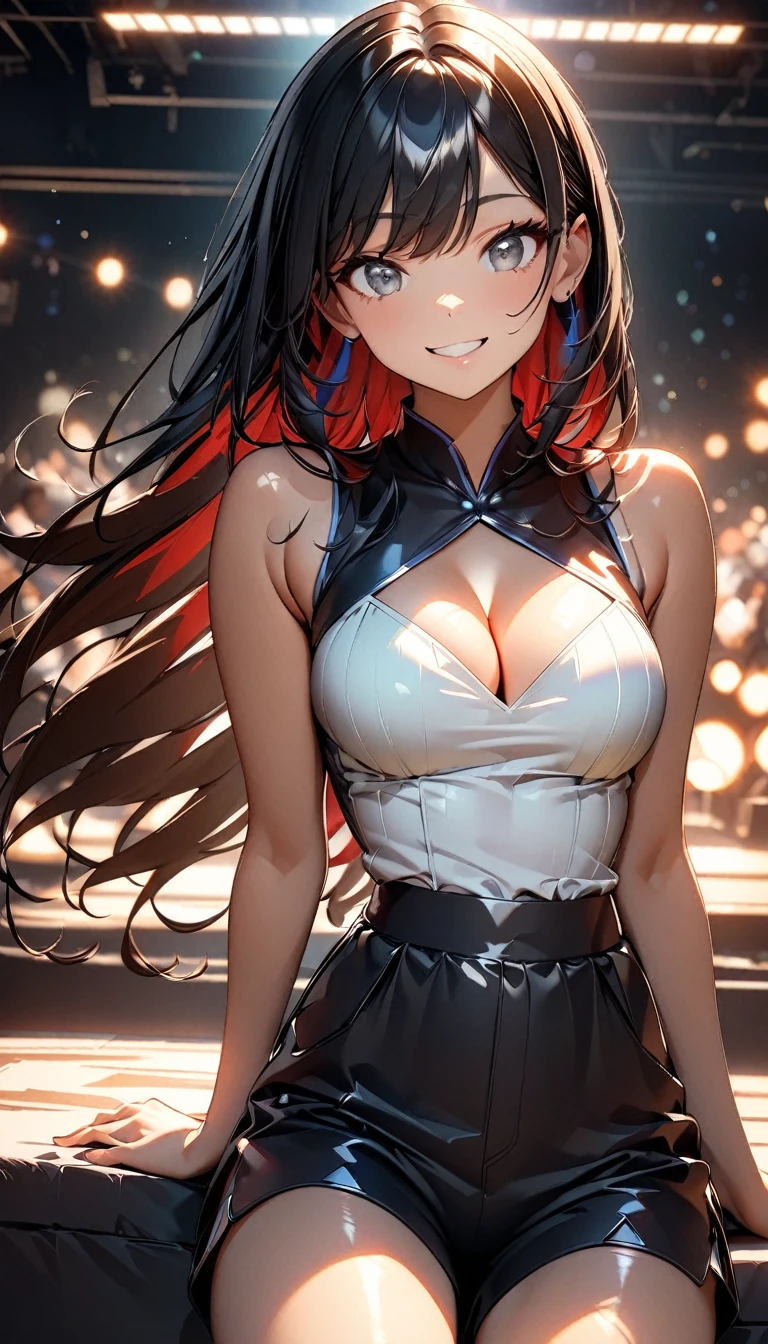(Highest quality:1.2, Very detailed, Latest, Vibrant, Ultra-high resolution, High Contrast, masterpiece:1.2, Highest quality, Best aesthetics), (((1 Girl))), Beautiful woman, (smile), Photon Mapping, Physically Based Rendering, Cinema Lighting, Sharp focus, Good composition, (Bokeh:1.2), Watery eyes, Fine grain, Random Pause, Tight waist, Shorts, Black Hair, Shiny straight hair, Long hair blowing in the wind, Cleavage,, The background is gray, Backwards pose,