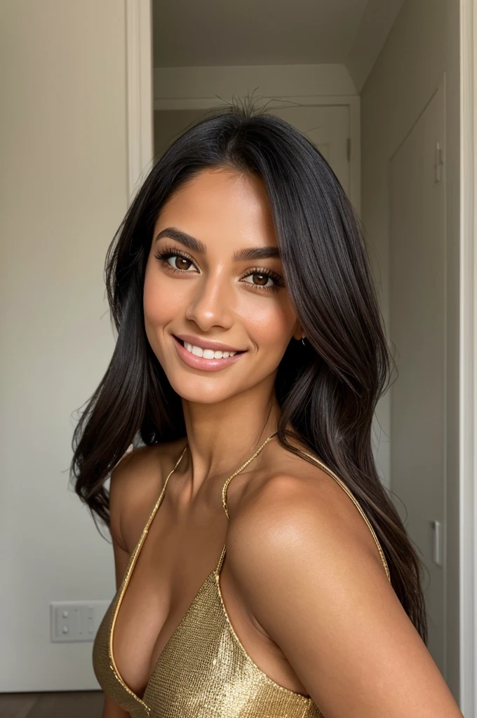 A stunning, photorealistic portrait of Gabriela Fernandes, a beautiful 29-year-old Brazilian woman with long, flowing black hair and captivating honey-colored eyes. She has a flawless, glowing complexion, high cheekbones, and a warm, genuine smile that radiates positivity. Gabriela is wearing a stylish, elegant outfit that complements her figure, which is toned and fit. The portrait captures her natural beauty, intelligence, and vibrant energy.