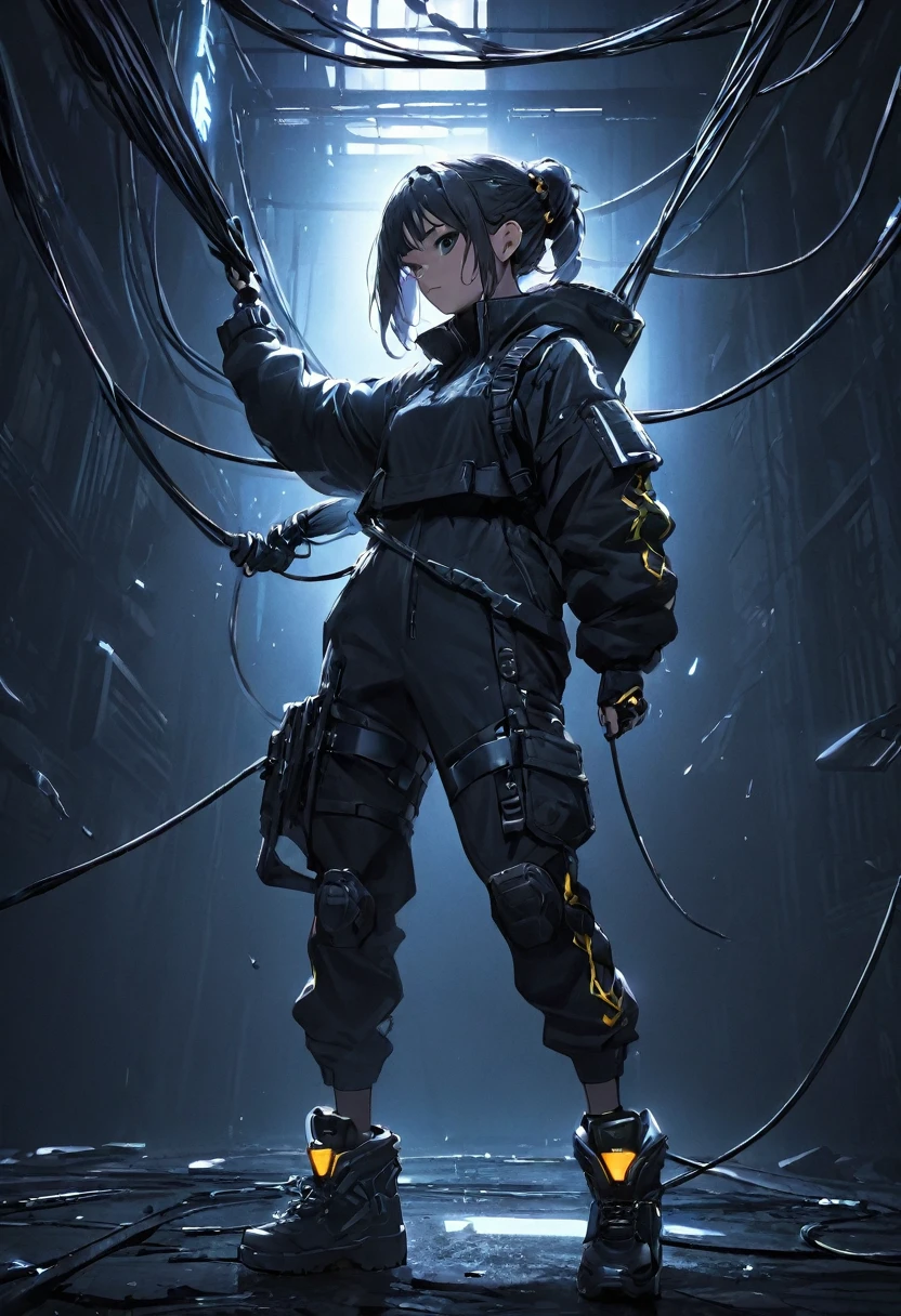 Techwear, girl, cyberpunk, dark background , ready to fight , fight pose , surronded by many broken machine , she entagle by cable and wire