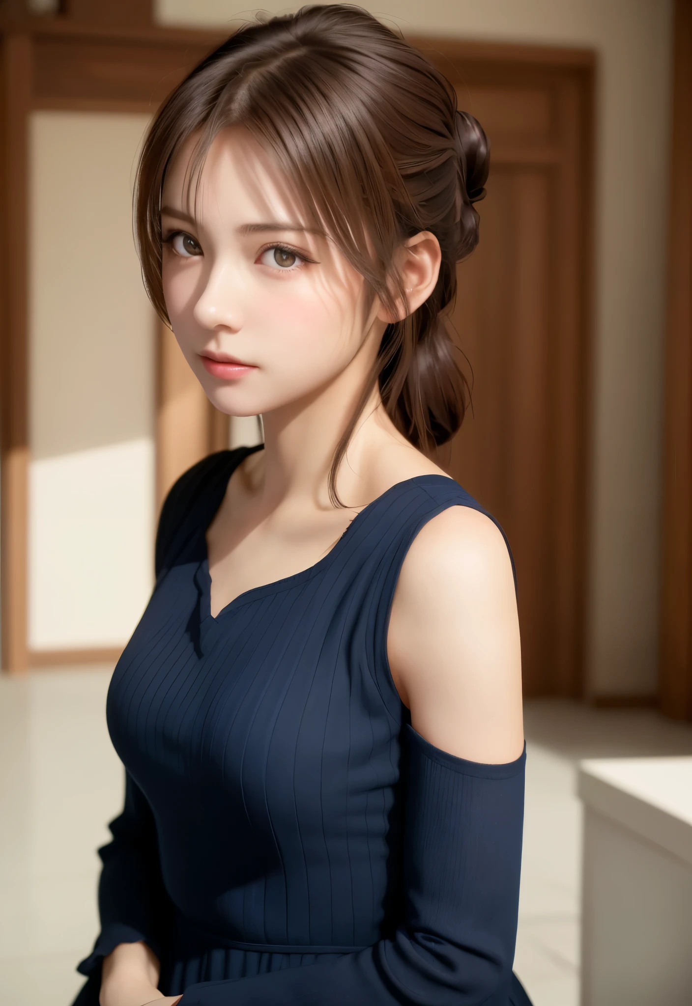 8K, of the highest quality, masutepiece:1.2), (Realistic, Photorealsitic:1.37), of the highest quality, masutepiece, Beautiful young woman, Pensive expression,、A charming、and an inviting look, Cute Maid Clothes, Hair tied back, Cinematic background, Light skin tone