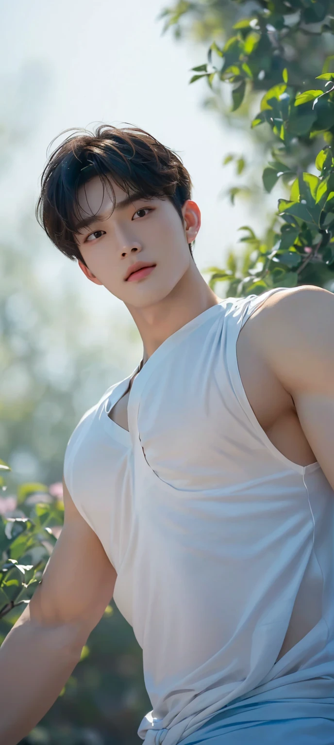 a close up of a man in a white shirt posing for a picture, inspired by Zhang Han, jinyoung shin, kim doyoung, yanjun chengt, hot with shining sun, realistic. cheng yi, cai xukun, inspired by Bian Shoumin, extremely handsome, mid-shot of a hunky, handsome male, inspired by Yanjun Cheng, south korean male,((depth of field)),((open and vast place)),telephoto lens,(((close-up))),(chest focus),(((perspective from below))),(simple background),(simple color),((blurry)),(horizon),
 1boy,cool guy,peaceful,((floating short hair)),((((bangs)))),(((soft clean hair))),(((silky skin))) ,((smooth skin)) ,clean body,(clean face),((smooth face)),(natural pretty face),((adam's apple)),((looking up)),((solo)),(teenage),(wind),(chin up),(hopeful),
((skin tight open shirt)),(mini white shirt),
(narrow waist),slender waist,muscular,(broad shoulders),((huge wide chest)),(((huge plump chest))),((bursting chest)),(((huge muscle ))),(bodybuilder),((beautiful cleavage)),
