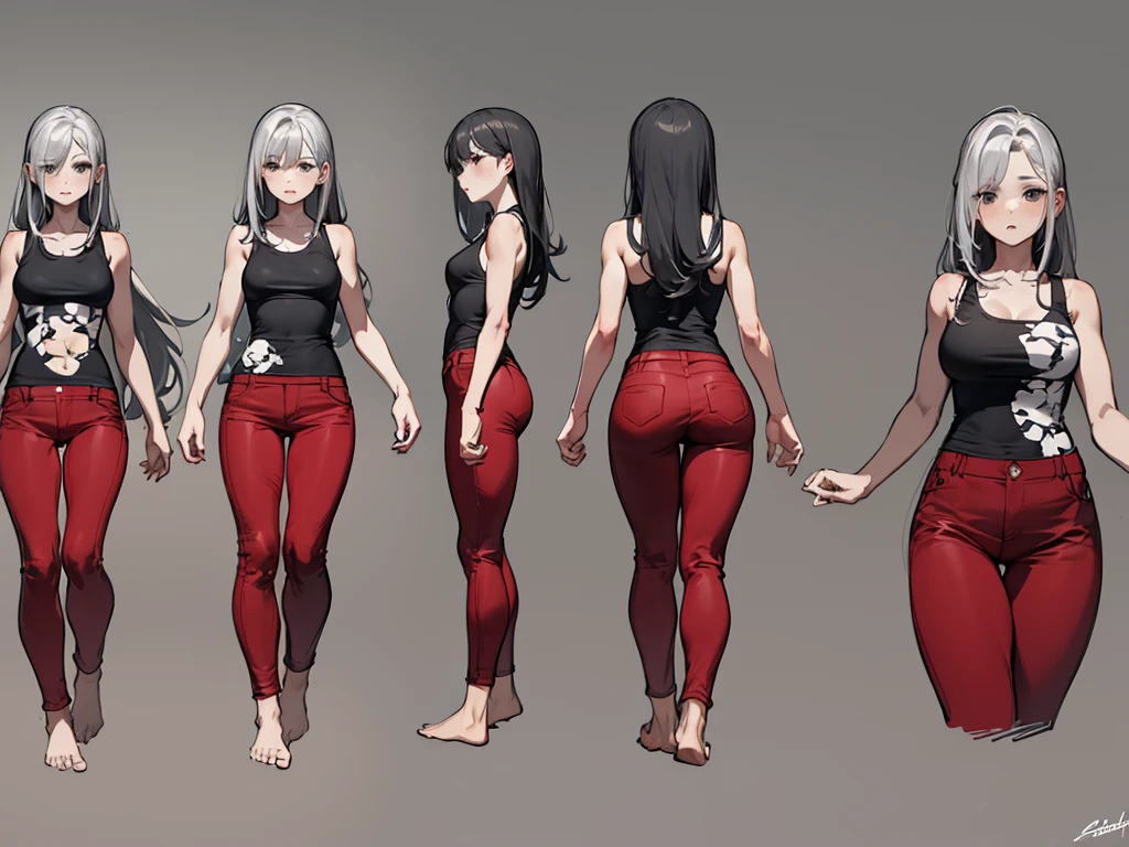 masterpiece, best quality, absurdres, 1girl, mature female, small breast, forehead, white hair, straight hair, long hair, black eyes, empty eyes, black tank top, red pants, bare feet, white background, simple background, model sheet, turnaround