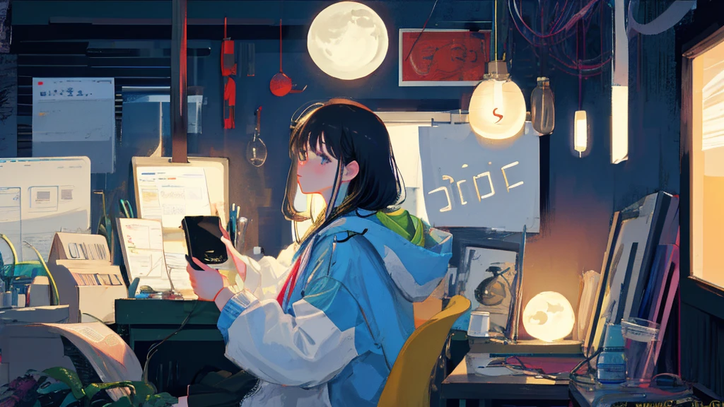 night、Moon and light、healing、lo-fi、Tranquility、Cassette tape recorder、Steaming coffee、Woman listening to music at desk