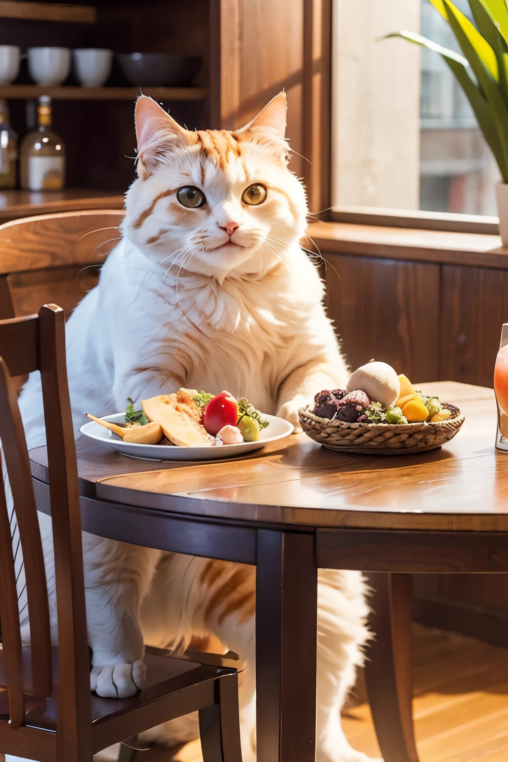 a very fat cat is sitting at a dining table full of food and drinks, smiling so happy