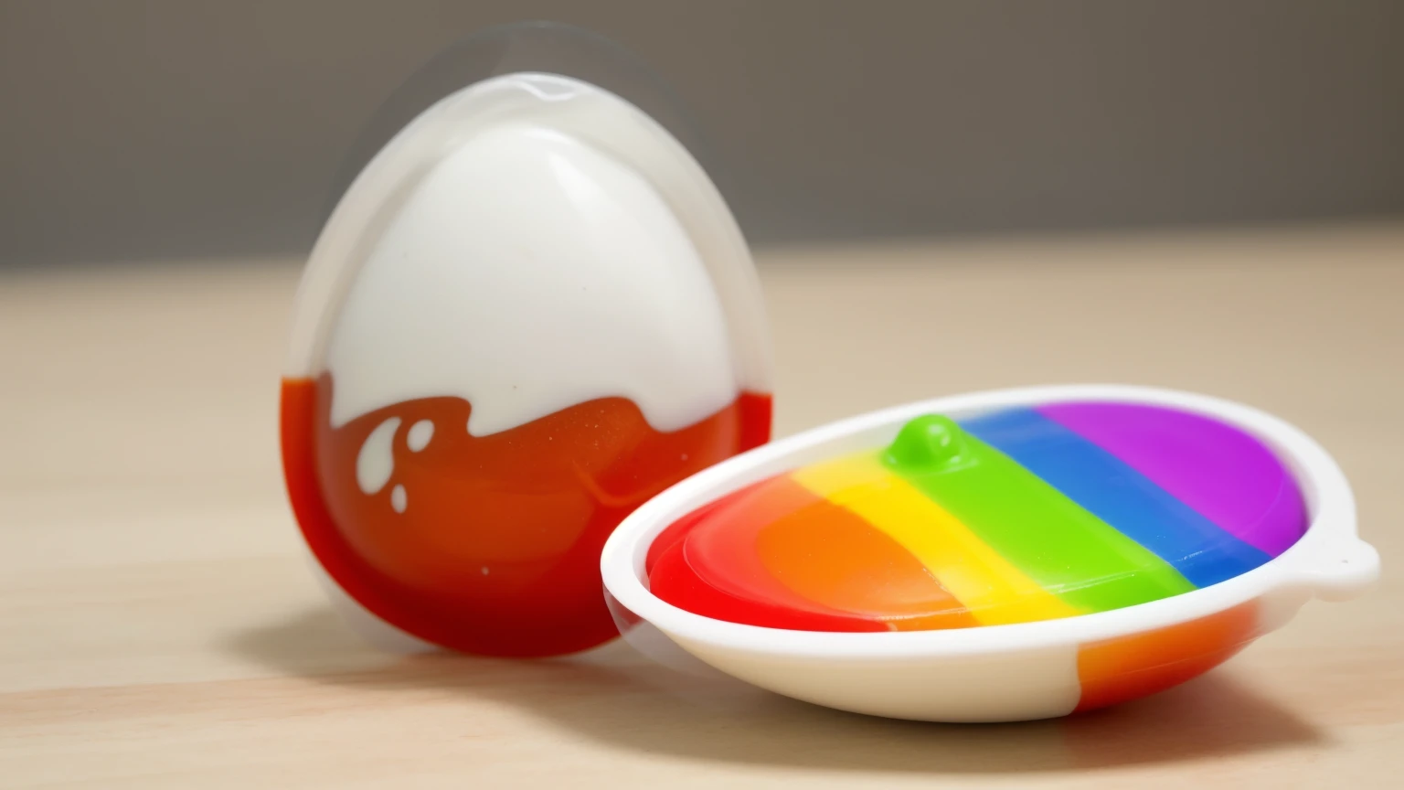 on a wooden table, стоят две половинки plasticового яйца Kinder. Kinder egg-shaped packaging ((plastic)). in one of the halves there are rainbow drips of chocolate cream,  Multiple light sources, Beautiful sunlight, bright lighting, Realistic style , realistic texture, detailed texture, A high resolution, high quality, macro photo, ultra hd 4k quality.