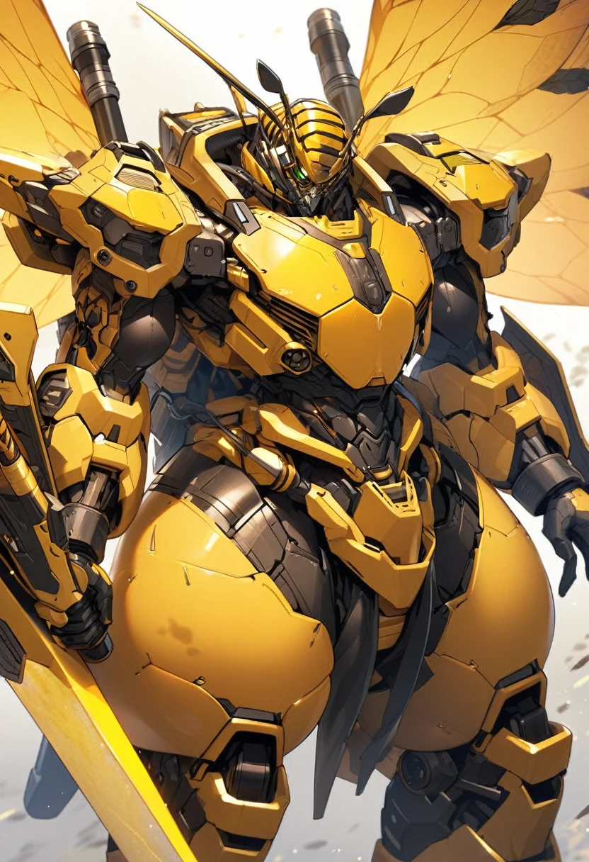 extremely detailed high tech warrior with a lance that looks like a bee's stinger with large bee like wings on his back