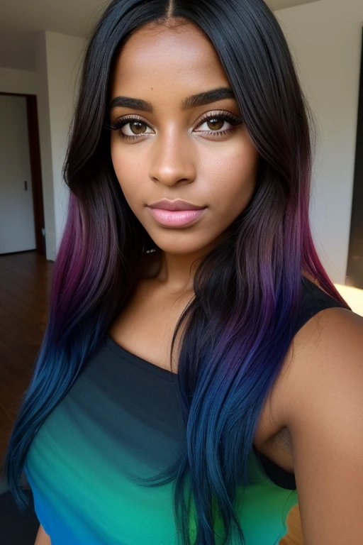 (8k, Photo brute, realiste femme noire,la plus haute qualité), belle fille ébène, corps entier, Poils sarcelle, yeux sarcelle, triste, gros plan, peignoir, (yeux détaillés:0.8), (En regardant la caméra:1.4), (la plus haute qualité), (meilleure ombre), Détails complexes, intérieur, ombre de studio, couleurs sourdes, (Contraste To8Style), debout dans la cuisine