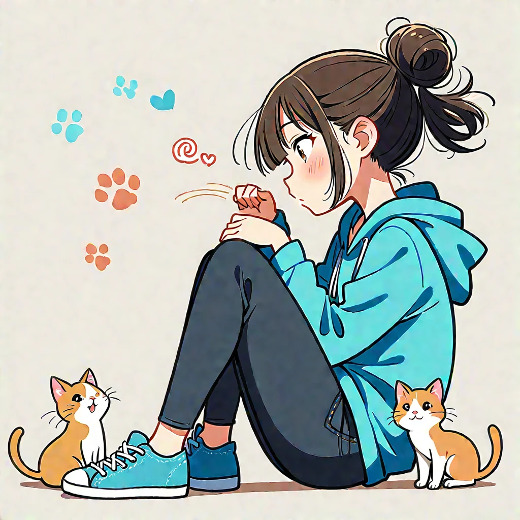1 Girl, blush, Black Hair, Long sleeve, Brown eyes, shoe, Pants, hood, Hair Bun, from the side, hoodie, contour, animal, black Pants, sit on the floor, single Hair Bun, Two kittens,One of the fat cats, hood down, 运动shoe, 粉色shoe类,blue hoodie,Eye contact with the kitten